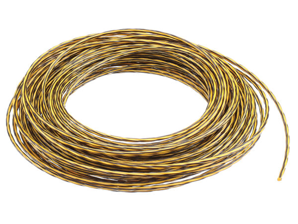 A coiled bundle of yellow and black twisted wire